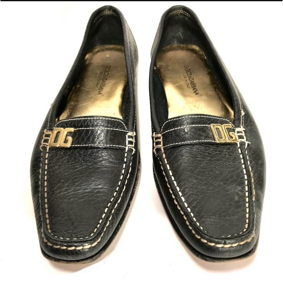 Vintage Dolce and Gabbana soft leather loafers gold letter details. Sz7.5 - Picture 3 of 12